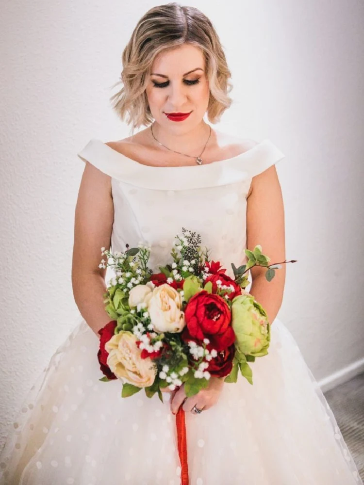 Robe de mariée rétro en tulle à pois et épaules dénudées, style années 50, longueur thé