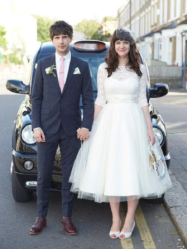 Rockabilly Hochzeitskleider 50er Jahre Hochzeitskleid Robe de mariée longueur thé avec manches