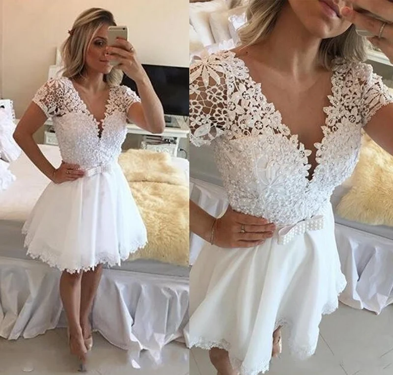 Robe formelle courte à manches en dentelle scintillante blanche de 8e année | Robe de bal de remise des diplômes