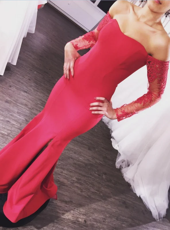 Robe de bal rouge en dentelle, manches longues, sirène, robe de bal serrée avec fente, robe de bal noire pour filles