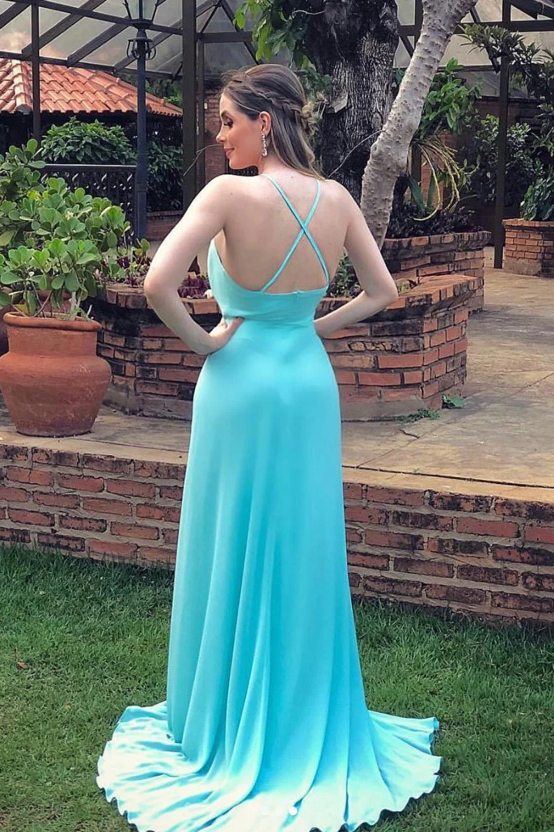 Robe de bal sexy en mousseline de soie bleu fluide à bretelles spaghetti avec fente latérale