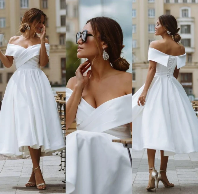 Robe de mariée Rockabilly style années 50, épaules dénudées, longueur thé, jupe complète