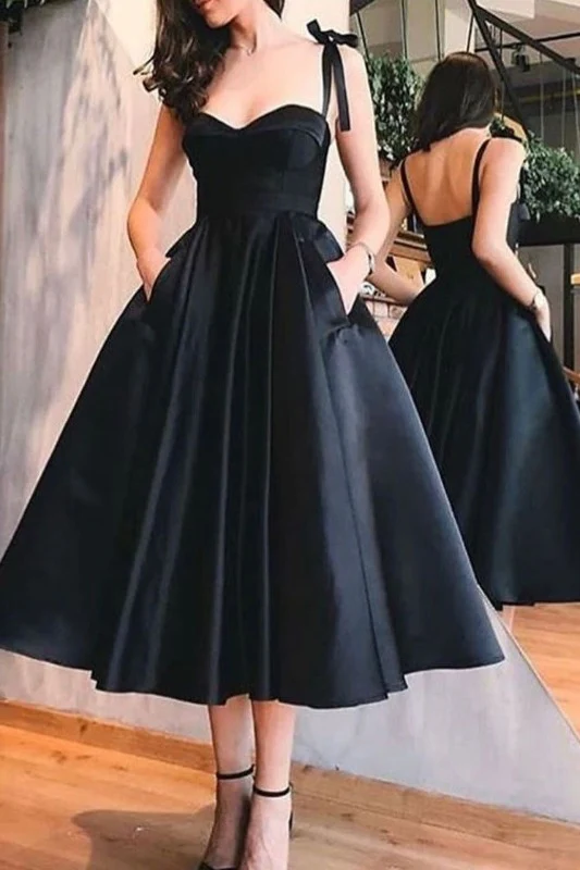Robe de bal noire longueur thé d'inspiration vintage des années 50 avec poches, robe de demoiselle d'honneur de style années 50