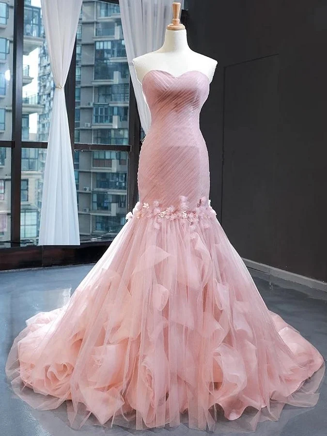 Robe de mariée princesse en tulle rose, sans bretelles, longue robe de bal rose avec jupe à volants