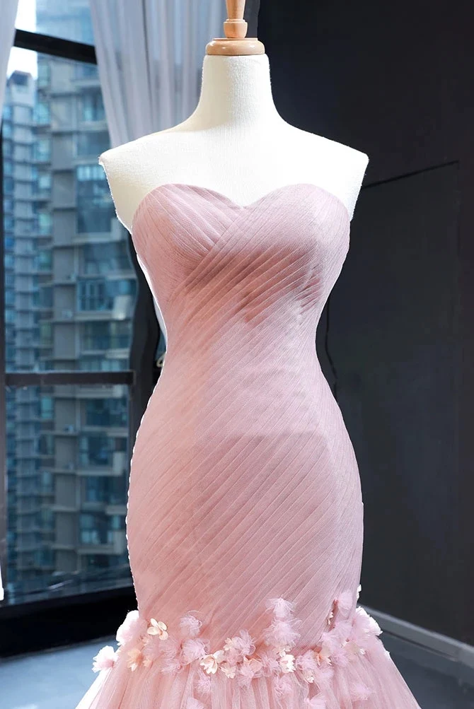 Robe de mariée princesse en tulle rose, sans bretelles, longue robe de bal rose avec jupe à volants