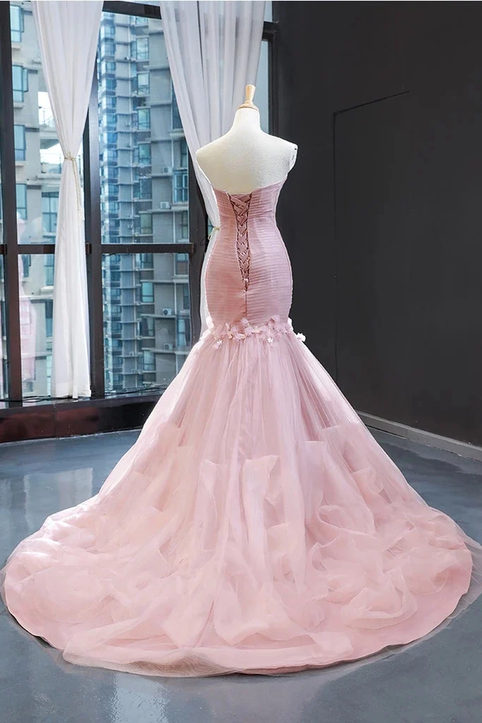 Robe de mariée princesse en tulle rose, sans bretelles, longue robe de bal rose avec jupe à volants