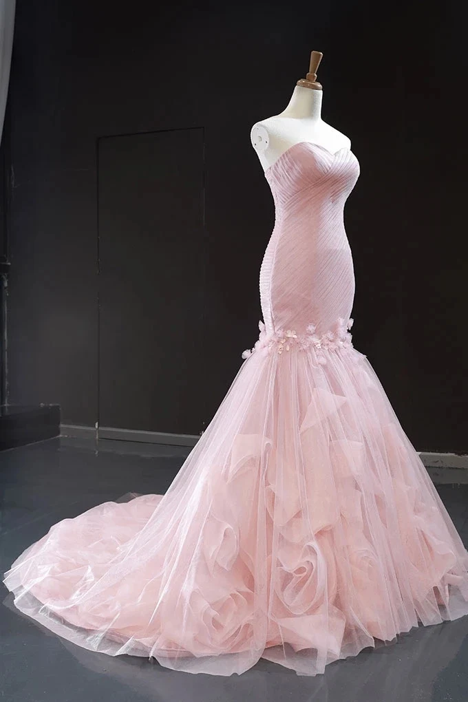 Robe de mariée princesse en tulle rose, sans bretelles, longue robe de bal rose avec jupe à volants