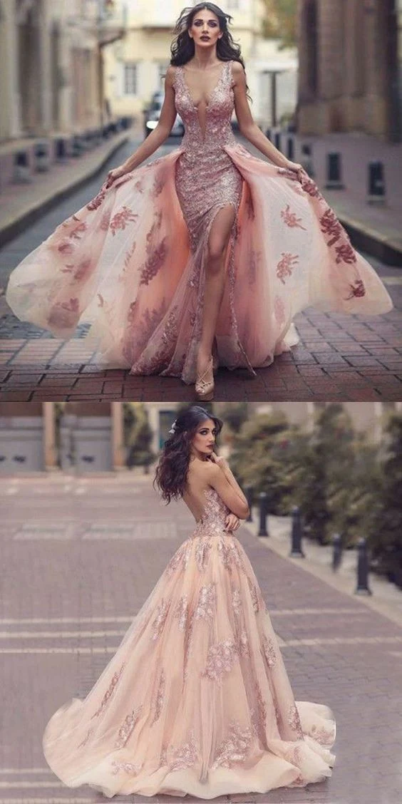 Robe de bal sexy en dentelle fluide rose poussiéreux à dos bas avec traîne détachable