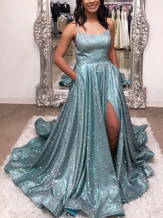 Robe de bal dos nu à bretelles spaghetti scintillantes et fentes latérales avec poches