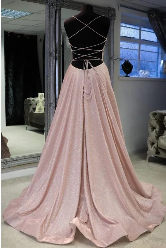 Robe de bal dos nu à bretelles spaghetti scintillantes et fentes latérales avec poches