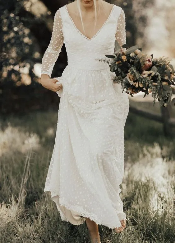 Robe de mariée romantique bohème décontractée, col en V, manches longues, pois
