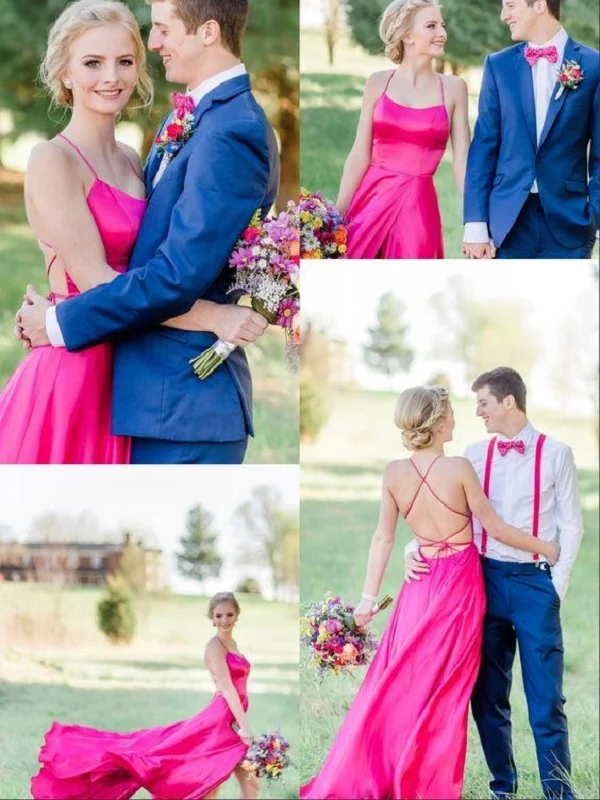 Robe de bal fluide dos nu à bretelles spaghetti avec fentes | Robe formelle de bal simple