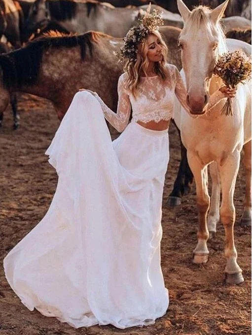 Haut décontracté en dentelle à manches longues et abordable pour mariée | Robe de mariée rustique 2 pièces avec haut court