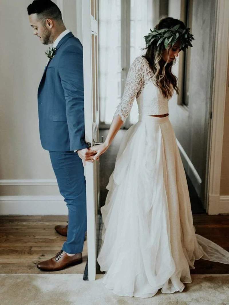 Haut de mariée en dentelle style bohème rustique et décontracté avec manches 3/4