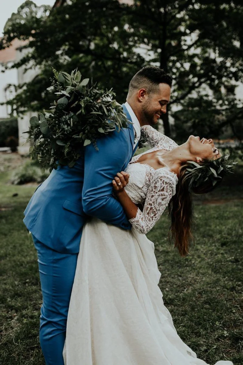 Haut de mariée en dentelle style bohème rustique et décontracté avec manches 3/4