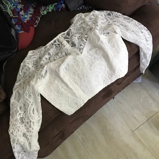Haut de mariée en dentelle style bohème rustique et décontracté avec manches 3/4