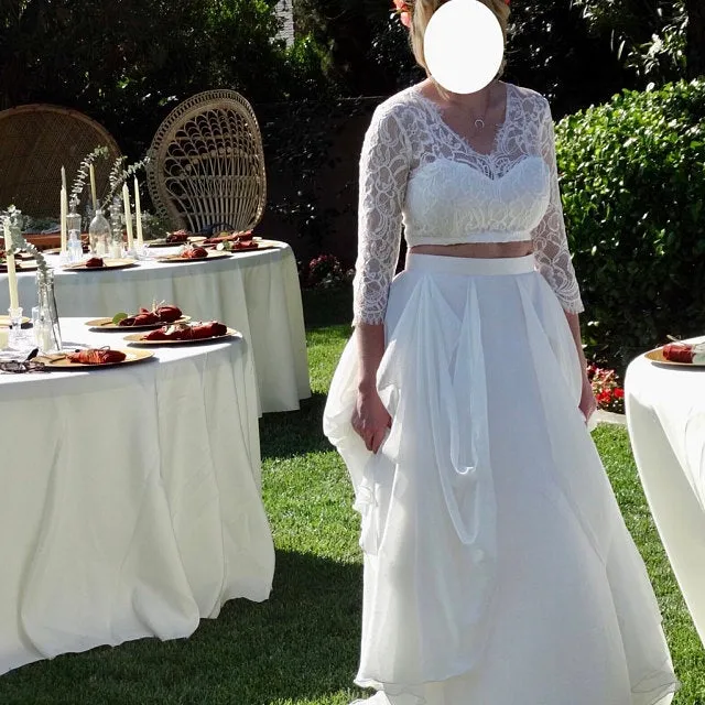 Haut de mariée en dentelle style bohème rustique et décontracté avec manches 3/4