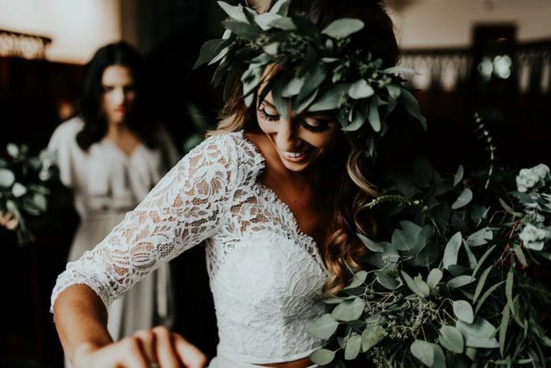Haut de mariée en dentelle style bohème rustique et décontracté avec manches 3/4