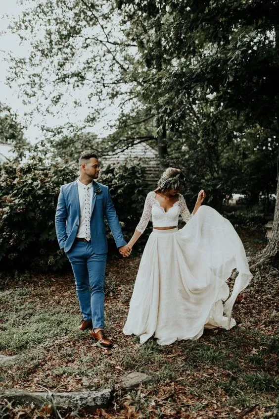 Haut de mariée en dentelle style bohème rustique et décontracté avec manches 3/4