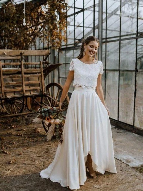 Cap Manches Dentelle Mariée Sépare | Robe de mariée deux pièces avec haut court et jupe en mousseline Hi-Lo