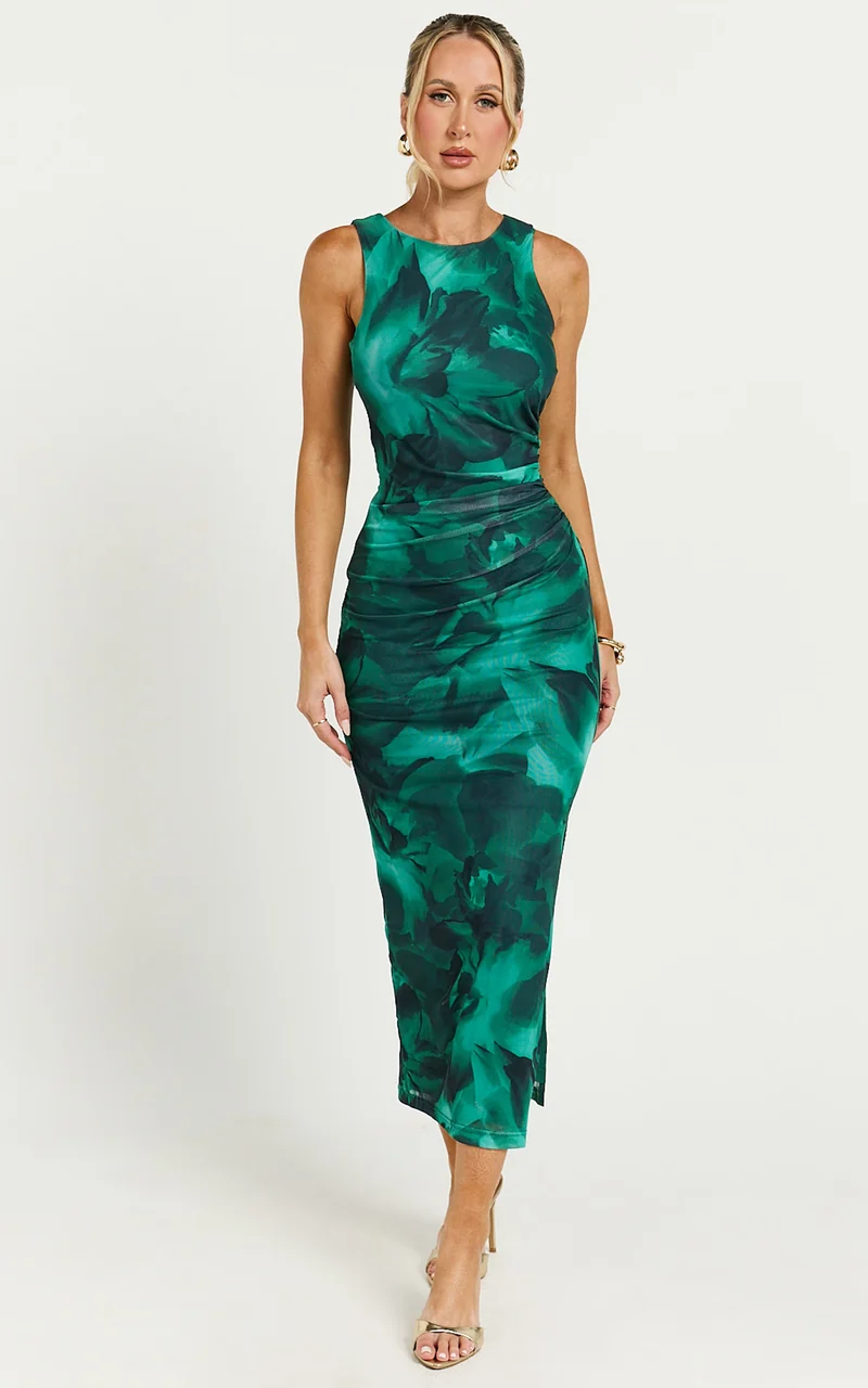 Loralie Midi Dress - Mesh High Neck Bodycon Dress in Green Floral Print