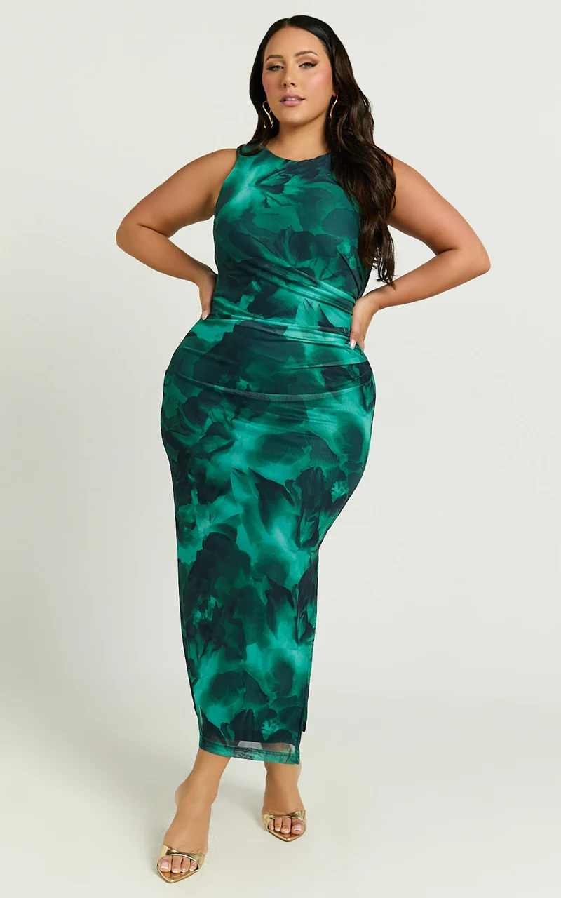 Loralie Midi Dress - Mesh High Neck Bodycon Dress in Green Floral Print