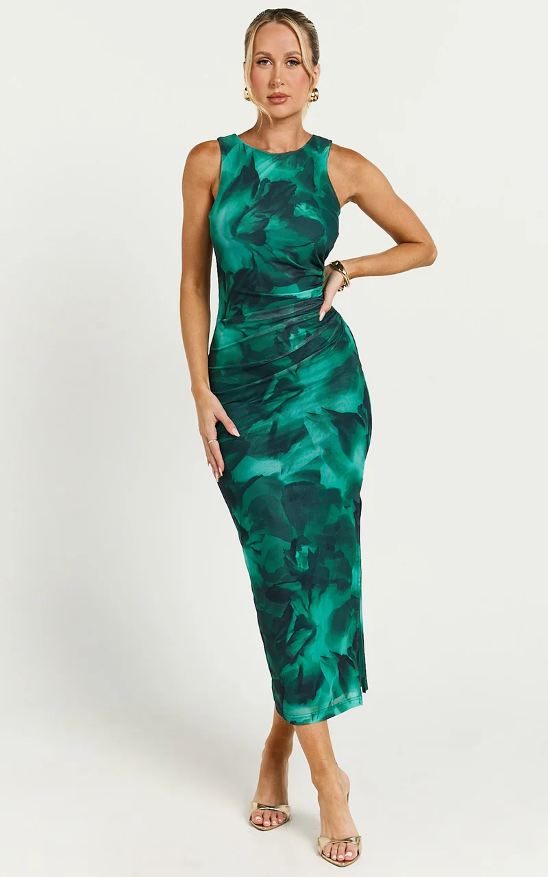 Loralie Midi Dress - Mesh High Neck Bodycon Dress in Green Floral Print