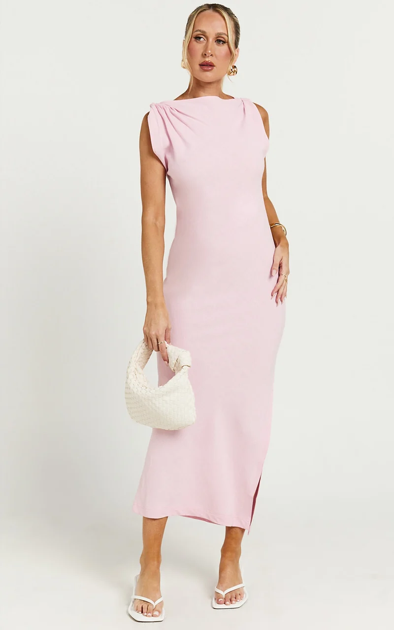 Jessenia Midi Dress - Linen High Neck Dress in Soft Pink