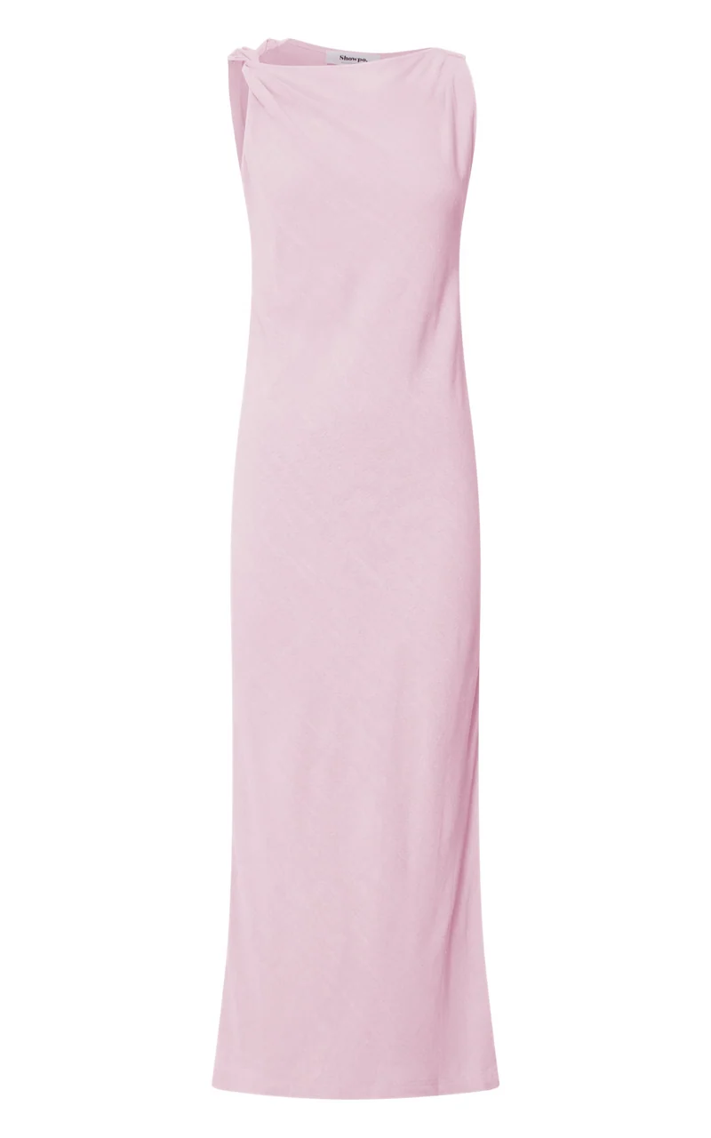 Jessenia Midi Dress - Linen High Neck Dress in Soft Pink