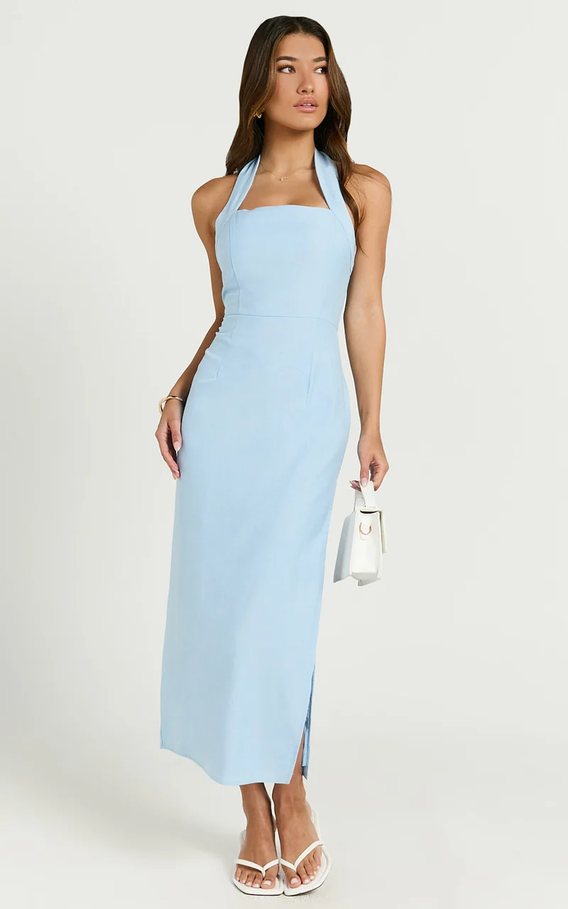Darcy Midi Dress - Halter Fitted Side Split Dress in Blue