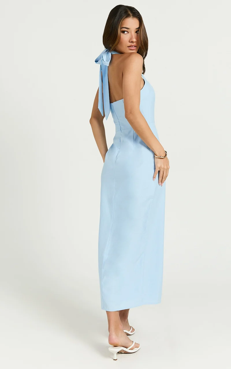 Darcy Midi Dress - Halter Fitted Side Split Dress in Blue