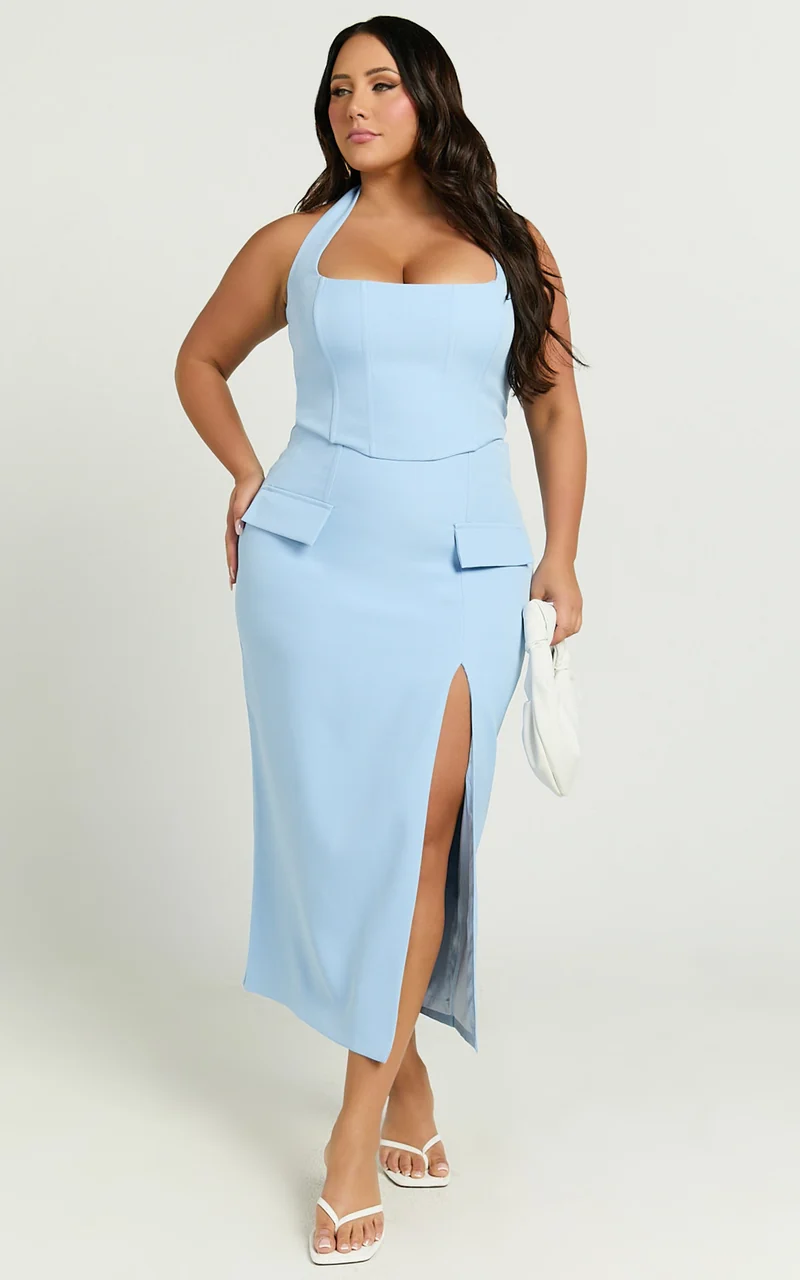 Davie Midi Skirt - High Waist Split Front Skirt in Ice Blue