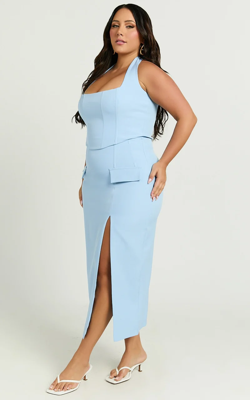 Davie Midi Skirt - High Waist Split Front Skirt in Ice Blue