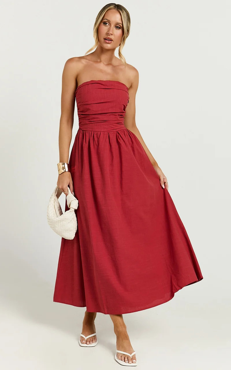 Polly Midi Dress - Strapless Ruched Dress in Red