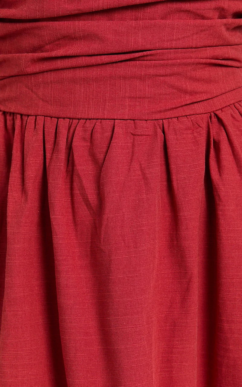Polly Midi Dress - Strapless Ruched Dress in Red