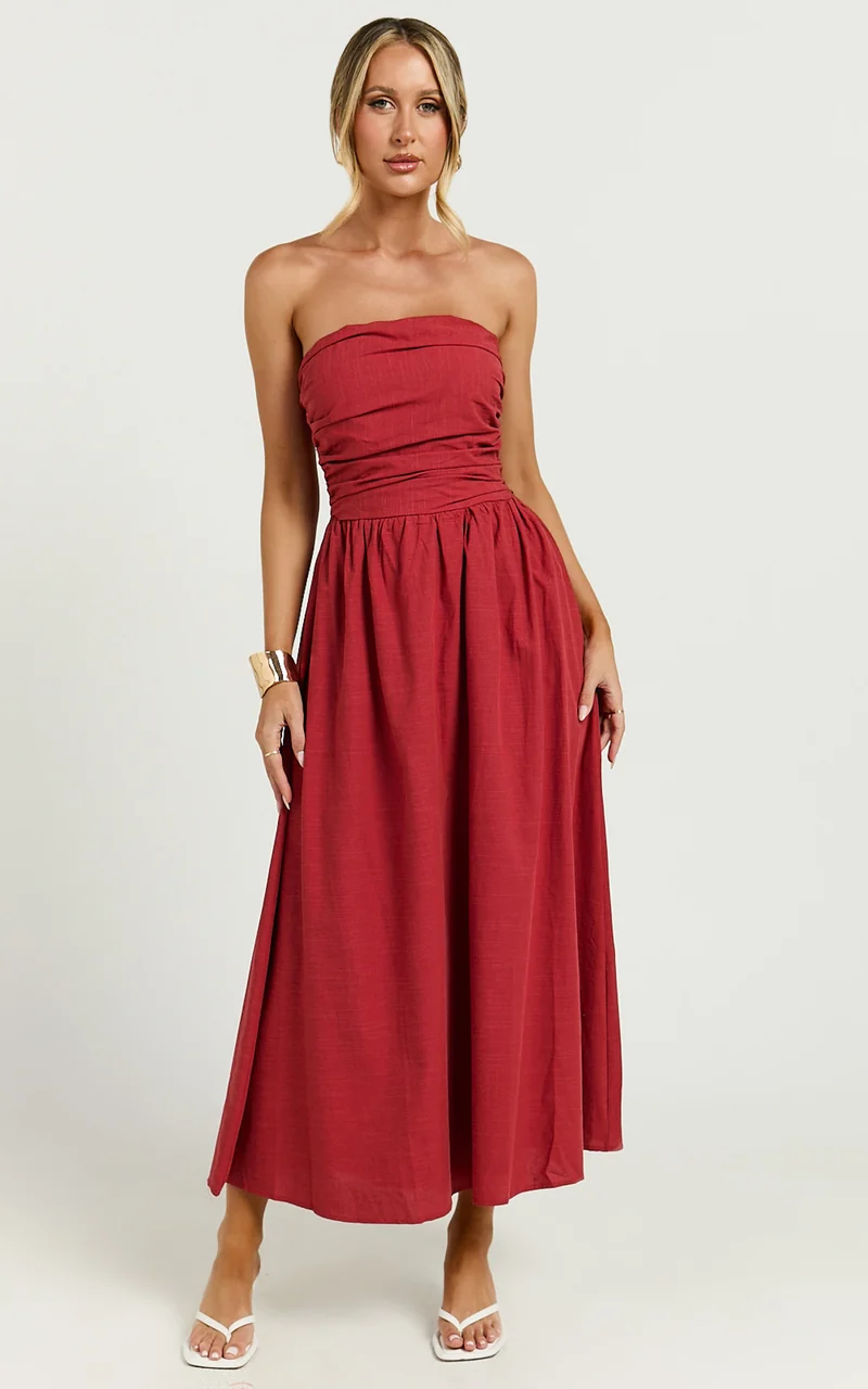 Polly Midi Dress - Strapless Ruched Dress in Red