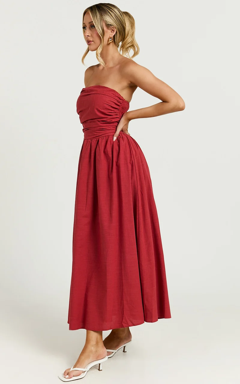 Polly Midi Dress - Strapless Ruched Dress in Red