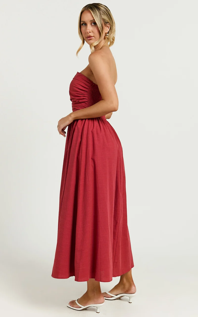 Polly Midi Dress - Strapless Ruched Dress in Red