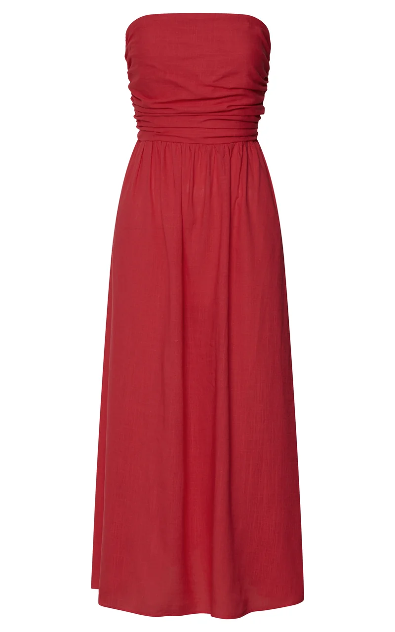 Polly Midi Dress - Strapless Ruched Dress in Red