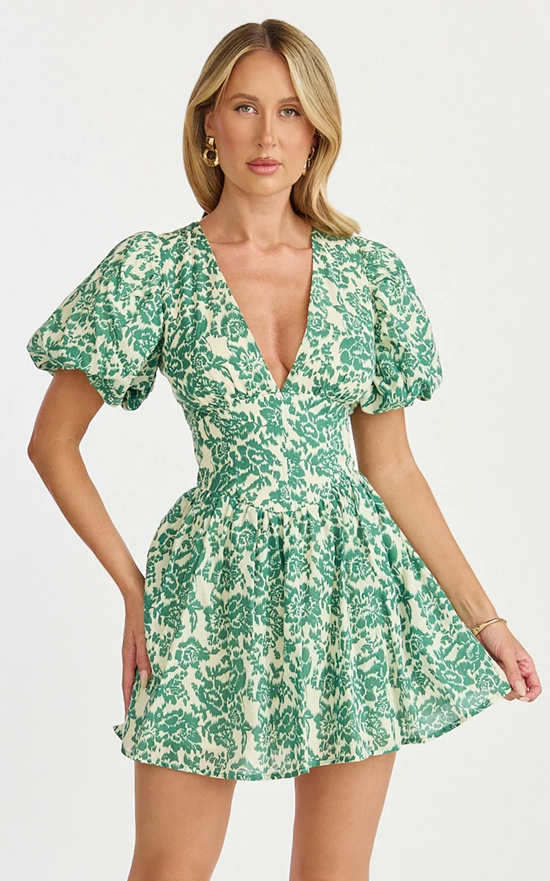 Nelli Mini Dress - Short Puff Sleeve Shirred Back Dress in Green Silhouette