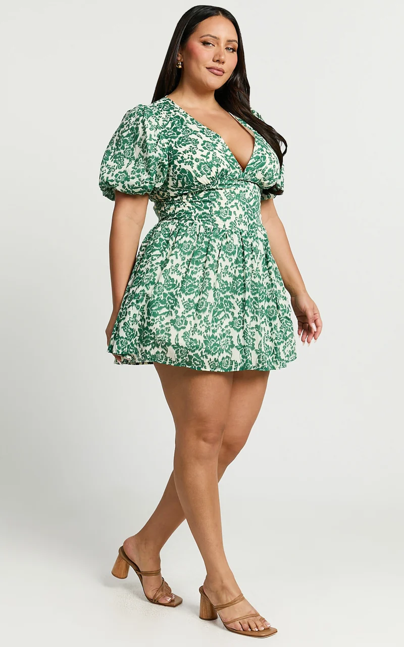 Nelli Mini Dress - Short Puff Sleeve Shirred Back Dress in Green Silhouette