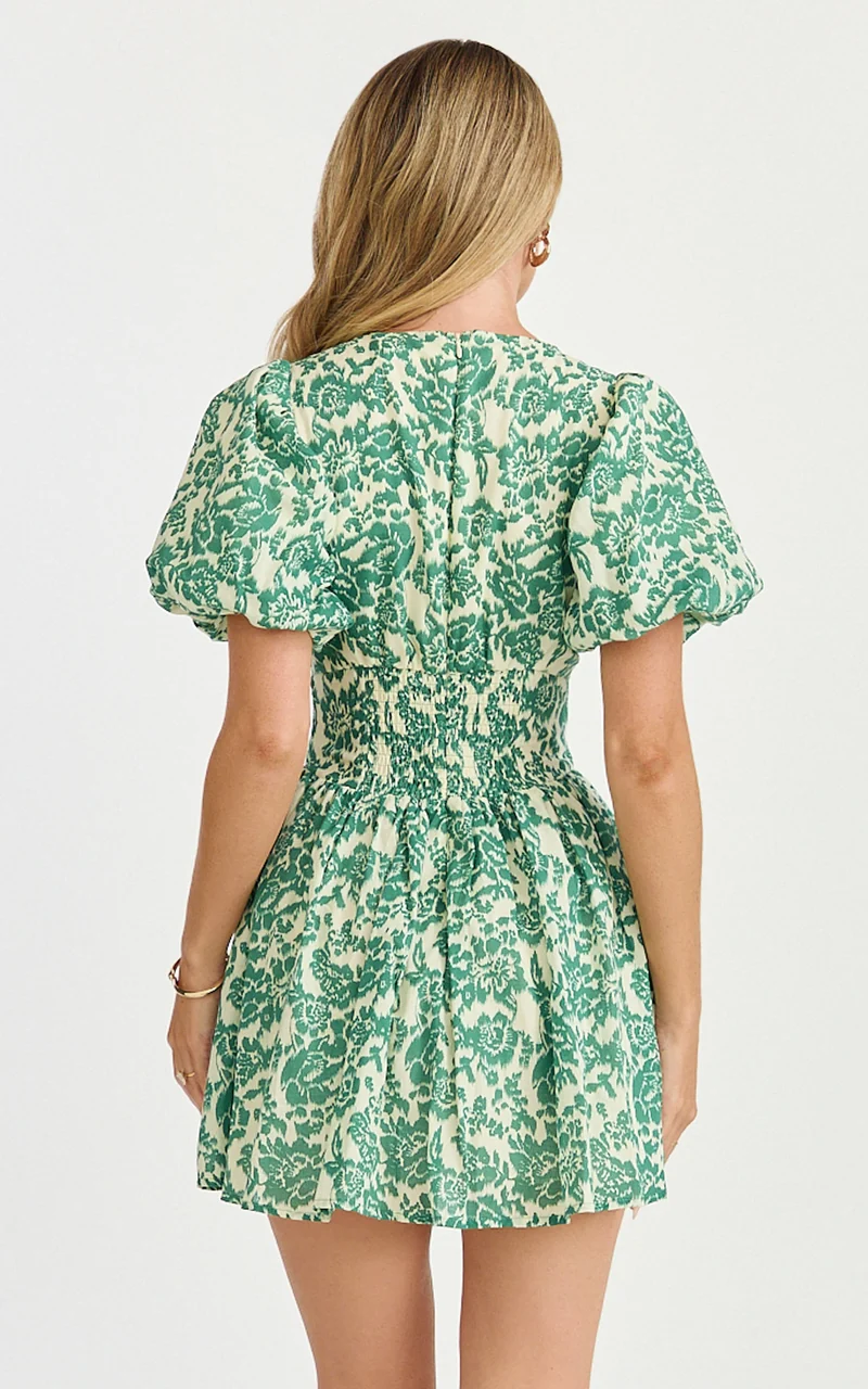 Nelli Mini Dress - Short Puff Sleeve Shirred Back Dress in Green Silhouette