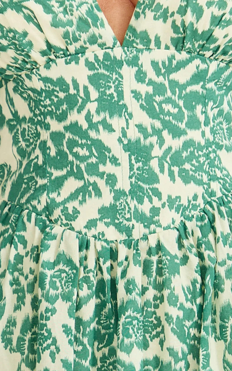 Nelli Mini Dress - Short Puff Sleeve Shirred Back Dress in Green Silhouette