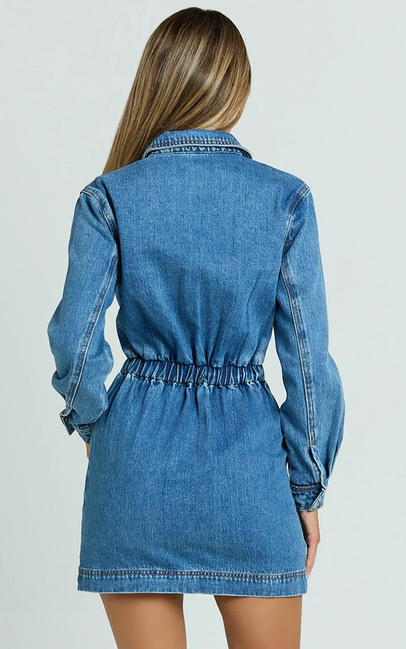 Ainsley Mini Dress - Button Through Long Sleeve Denim Dress in Mid Blue Wash