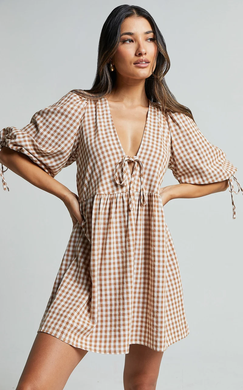 Rosita Mini Dress - Tie Front Puff Sleeve Dress in Caramel & White Gingham