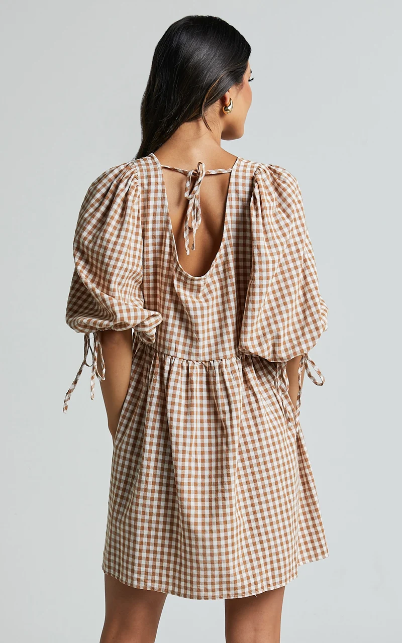 Rosita Mini Dress - Tie Front Puff Sleeve Dress in Caramel & White Gingham