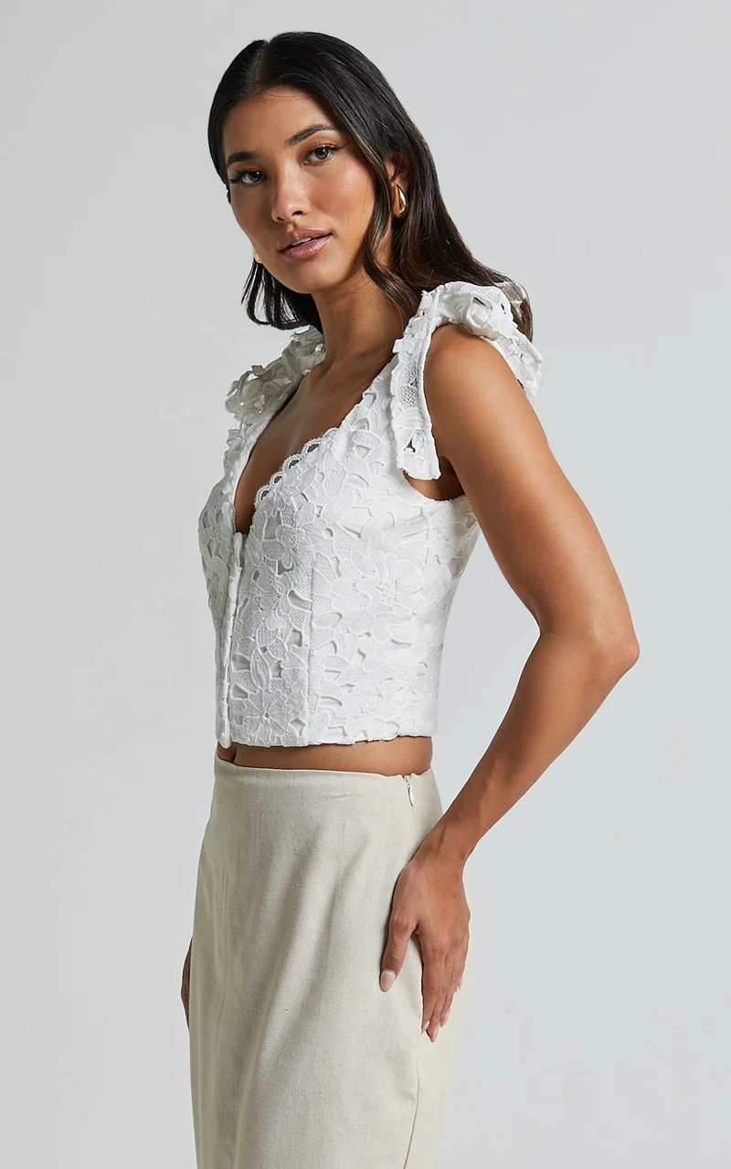 Artie Top - Tie Shoulder Lace Top in White