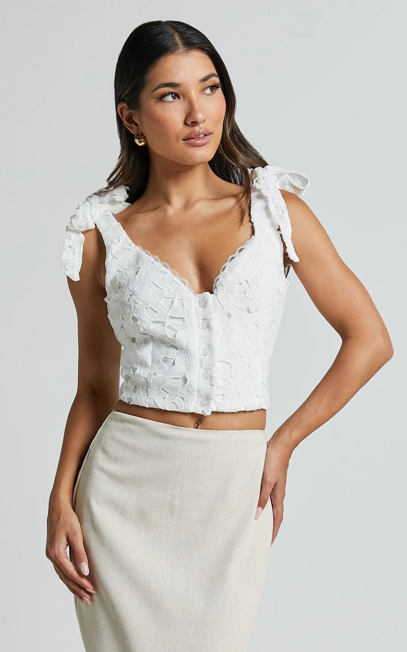 Artie Top - Tie Shoulder Lace Top in White