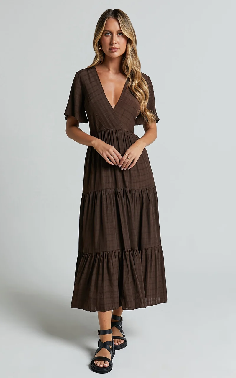 Cryzel Midi Dress - Flutter Sleeve Tiered Dress in Chocolate
