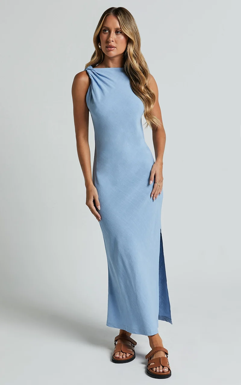 Jessenia Midi Dress - Linen High Neck Dress in Blue